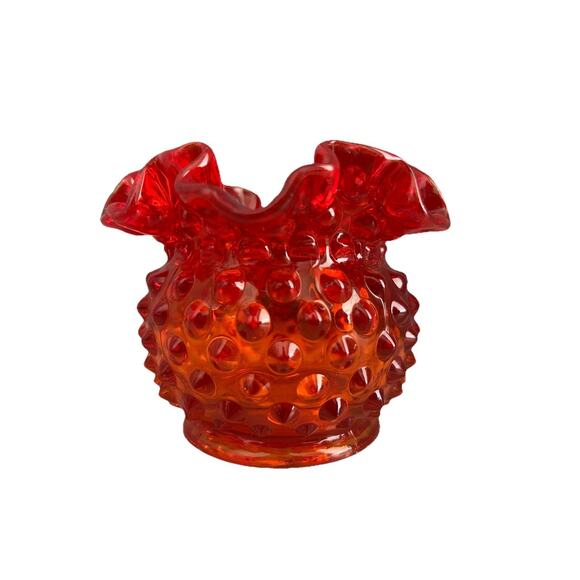Fenton Glows Amberina Hobnail Small Rose Bowl Ruffle Crimped Orange Glass Vase - Picture 1 of 14